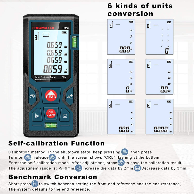 165ft/50m Laser Measure Ft/in/M Switching LM50 Laser Measurement Tool Devices with 2 Bubble Levels Distance Meter,Large Backlit LCD 165FT