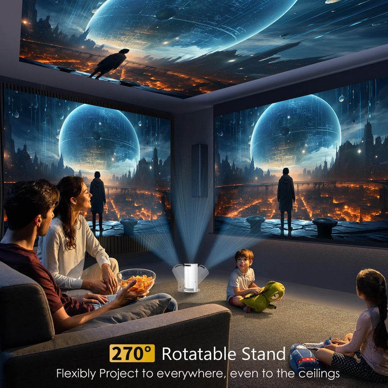 Mini Projector Portable Proyector 4K Support, Full HD 1080P Small Projector with 270° Rotatable Stand, Movie Projector Compatible with TV Stick/Smartphone/HDMI/USB for Bedroom/ Outdoor Camping White