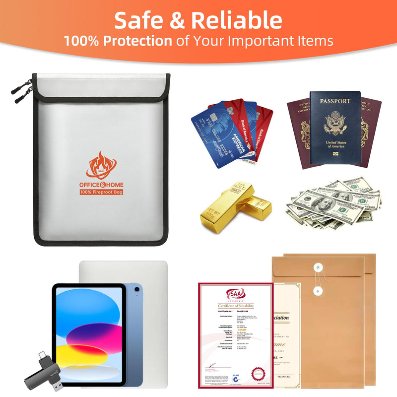 Upgraded Fireproof Document Bag (2200℉), 15”x 11” Waterproof Fireproof Money Bag for Cash with Zipper, Fireproof Safe for Home&Office, Important Document Storage Organizer for Valuables, Certificate