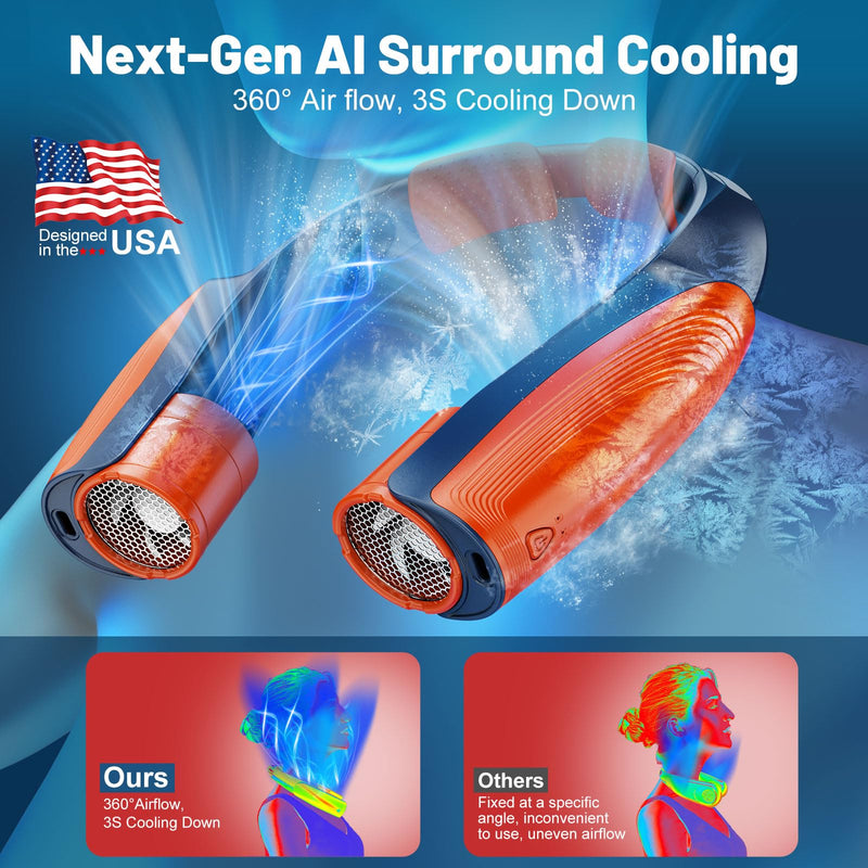 AI Portable Neck Fan with 6 Powerful Speeds, 8000mAh Battery Operated USB-C Rechargeable Fan, Hands-Free 360° Cooling Neck Fan,Ultra-Quiet Personal Fan for Women Men Office Travel(Orange-Blue) Orange-Blue