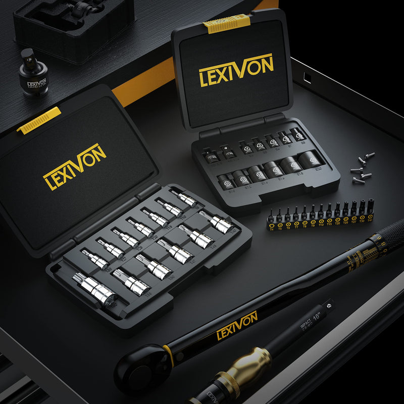 LEXIVON E-TORX Socket Set, Chrome Vanadium Alloy Steel | 13-Piece Female Star Socket E4 - E20 Set | Enhanced Storage Case (LX-147) Torx