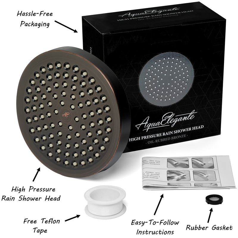 Aqua Elegante High Pressure Rain Shower Head - 6 Inch Luxury Rainfall Showerhead - Great Flow And Best Overhead With Adjustable Extension Arm, 2.5 GPM - Oil-Rubbed Bronze Oil Rubbed Bronze