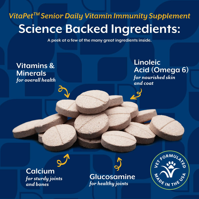 NaturVet –VitaPet Senior Daily Vitamins for Senior Dogs – Plus Glucosamine – Full Spectrum of Vitamins & Minerals – Enhanced with Glucosamine for Added Joint Support – 60 Time Release Tablets 60 Chewable Tabs