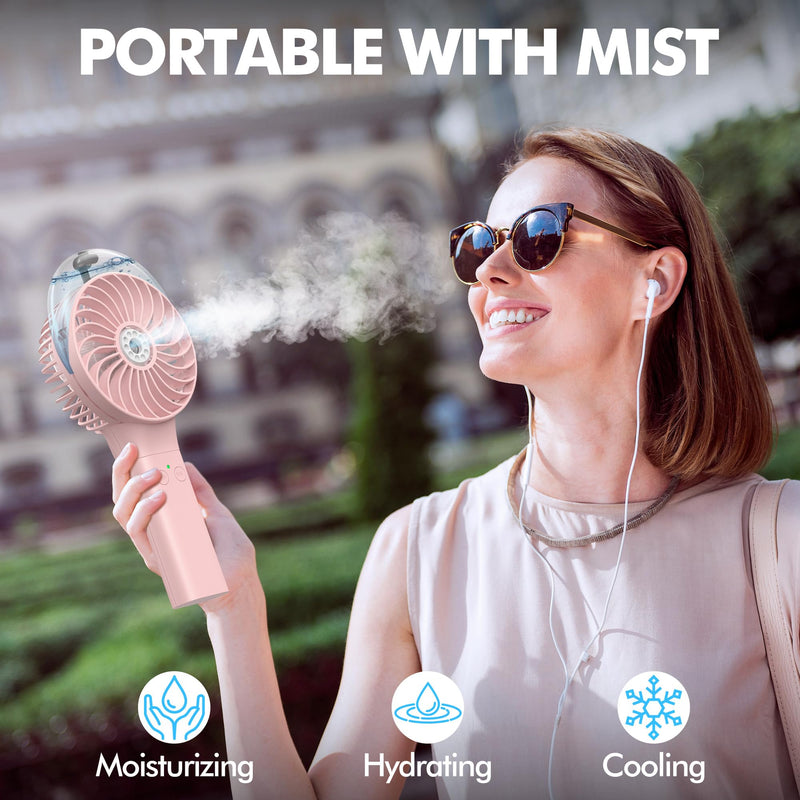 MORECORE Portable Misting Fan, 180° Foldable Handheld Personal Fan with Mist Spray, 3 Adjustable Wind Speeds, USB Rechargeable for Travel Outdoors Makeup Camping Home Office (Pink)