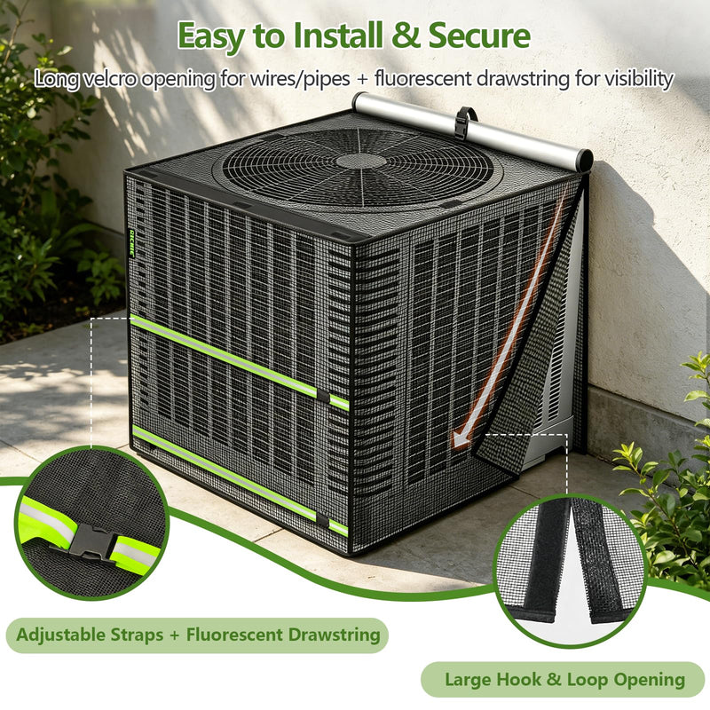 2 in 1 Full Mesh Air Conditioner Cover with Roll-Up Waterproof Top-Heavy Duty 420D Oxford, Breathable Outdoor AC Unit Defender for All Season, Anti-UV, Windproof, Easy Install, 32"W x 32"D x 36"H Black 32"L x 32"W x 36"H