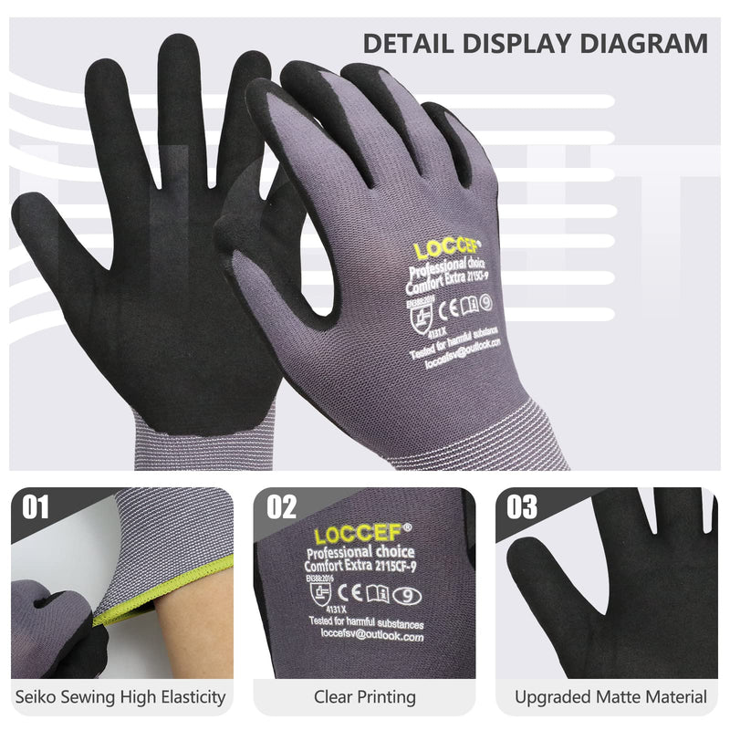 LOCCEF Work Gloves MicroFoam Nitrile Coated-6 Pairs,Seamless Knit Nylon Gloves,Gray Work gloves 9/L Grey 12-pairs