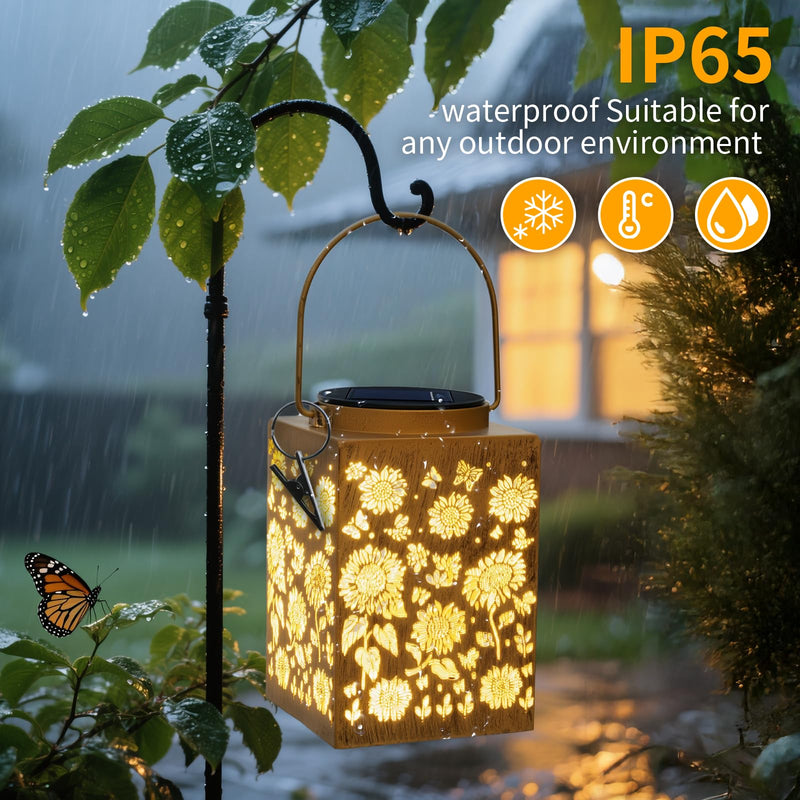 2 Pack Solar Lanterns - Waterproof Metal Hanging Solar Lights Outdoor Decorative, Solar Powered LED Lamp for Patio Tabletop Porch Deck Yard Garden Decor for Outside (Sunflower) Sunflower