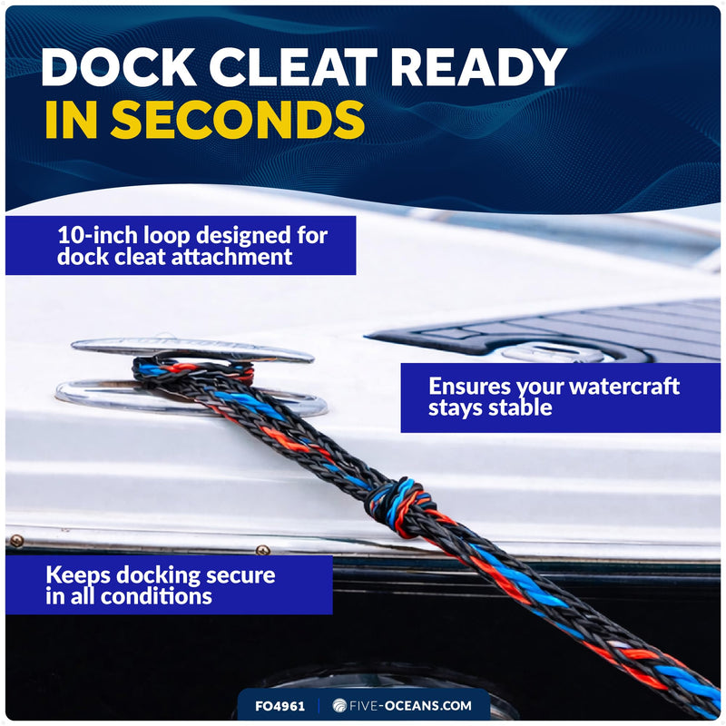 Five Oceans 1/2" x 7 Ft PWC Dock Line, Dock Lines for Boats with Giant Snap Hook, 2-Pack, Black, Red & Blue - Mooring Rope for Boats, Jet Ski, Kayak, Watercraft & Canoe - FO4961 Red/Blue