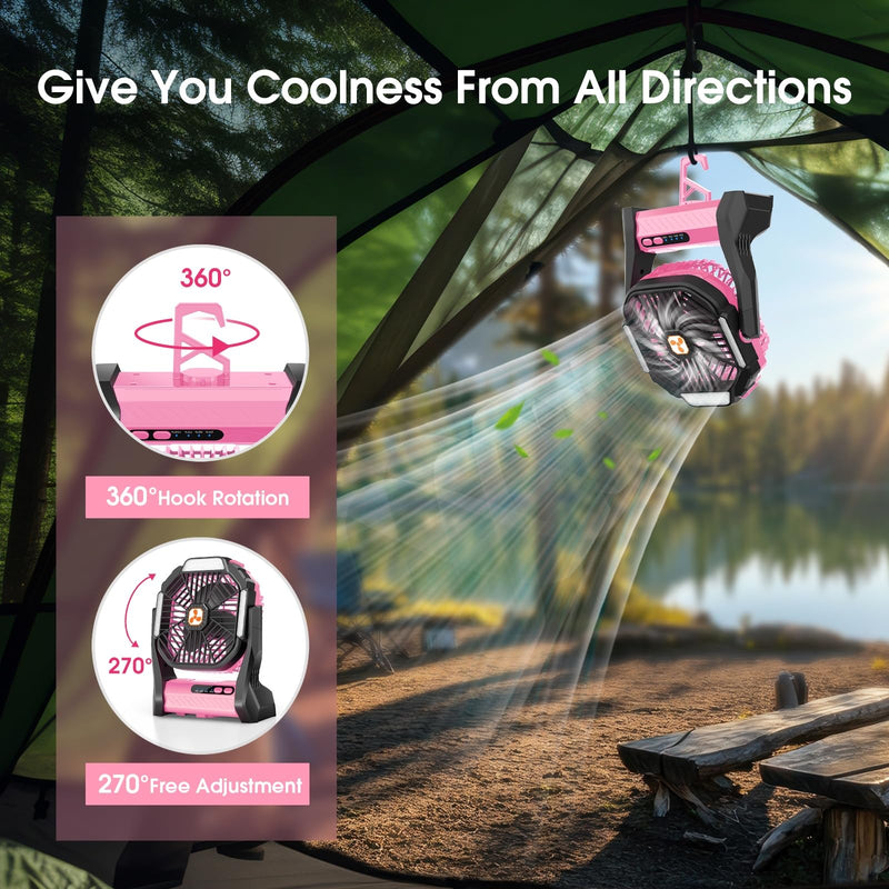 Portable Rechargeable Fan, 20000mAh Cordless Battery Powered Camping Tent Fans with SOS & LED Lantern, Small USB C Operated Outdoor Ventiladores for Travel Camp Fishing Office Home Essentials L Pink