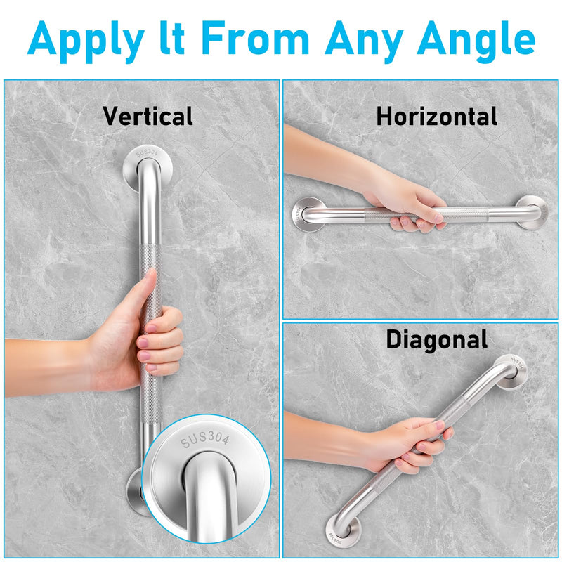 2-Pack, Shower Grab Bars & Bathtub Safety Handles - 304 Stainless Steel Textured Non-Slip Assist Rails for Anti-Fall Support in Tub, Shower, and Toilet Areas, 12 Inch