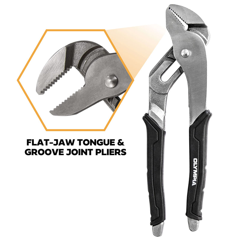 Olympia Tools 10-Inch Tongue and Groove Pliers, Straight Jaw Pliers with Cushion grip, 6 Jaw positions, 2.1" Jaw Capacity