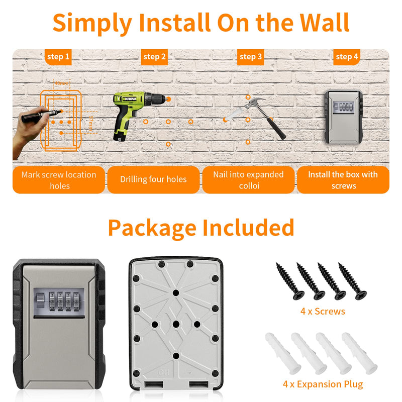 UPGRADE Extra Large Capacity Key Lock Box, Weatherproof Wall Mount Key Box for Car Keys, Fob, House Keys, Key Safe Security Storage Lock Box for Indoor, Outdoor, Garage, Garden, Store (1, Grey) 1
