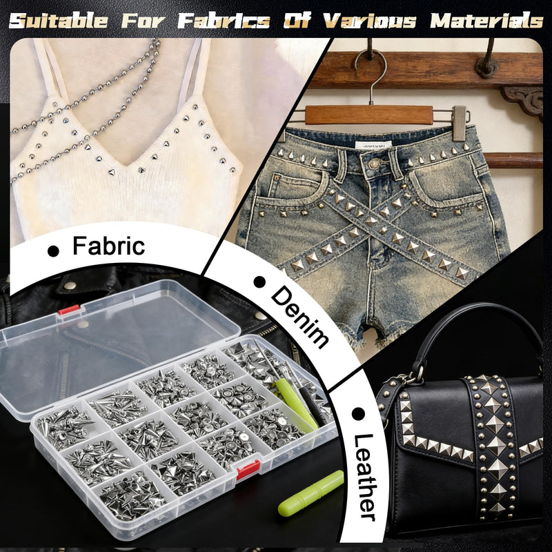 600 PCS Metal Studs and Spikes for Clothing, 8 Size Cone Spikes and Pyramid Studs,Screwback Studs Rivets Punk Accessories Kit for DIY Punk Style Clothes Bags Purse Collar Leather Craft Silver