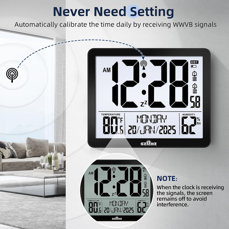 Atomic Digital Wall Clock Battery Operated with Backlight, Desk Clocks with Indoor Temperature & Humidity, 8.5" Small Alarm Clock with Date and Day of Week for Bedrooms, Living Room, Auto DST, Black