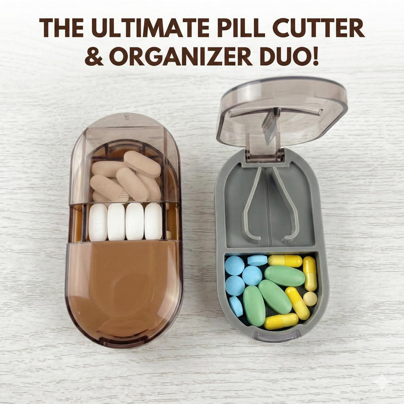 2 Pack Pill Cutter for Small or Large Pills – Professional Medicine Splitter with Clear Cover & V-Grip Centering Device – Accurate 1/2 & 1/4 Cuts for Oval & Round Tablets (Gray & Brown)