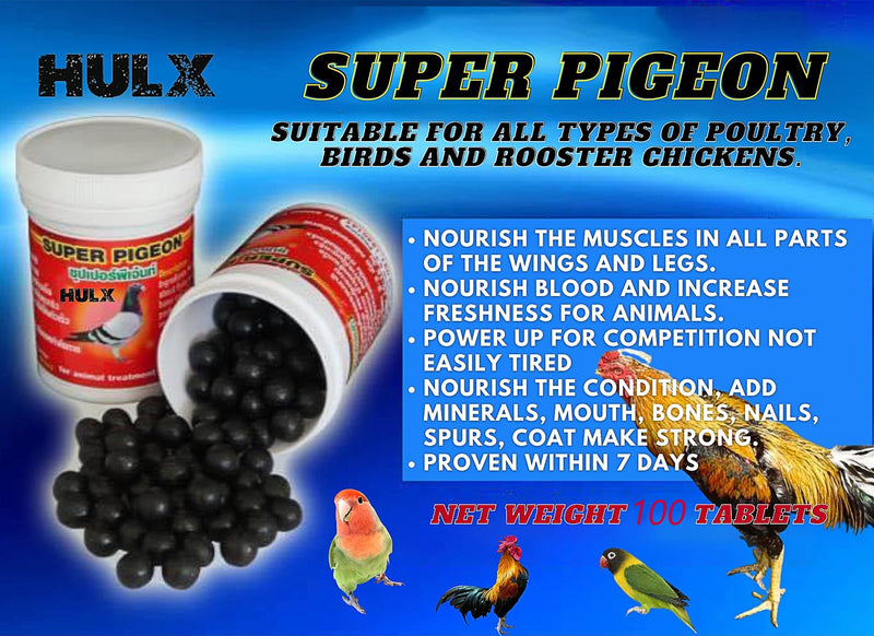 HULX Super Pigeon 100 Tablets, Bird Booster & Rooster Booster Speed Vitamins Health Chicken Supplement Increasing Energy Flying, Muscle Bone, Reduce Cramp Feed All Poultry Hen Food
