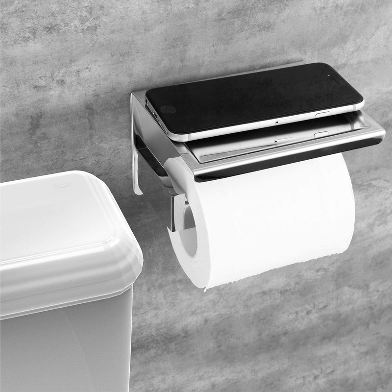 HITSLAM Toilet Paper Holder with Shelf, Stick on Chrome Tissue Roll Holder Self Adhesive or Wall-Mount with Storage Shelf for Bathroom Medium