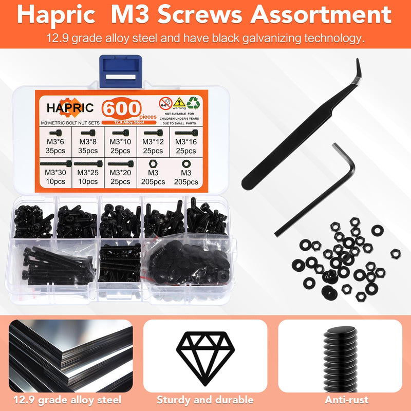 600 Pcs M3 Screws Assortment Kit, M3x 6/8/10/12/16/20/25/30mm M3 Screw Kits 12.9 Alloy Steel Nuts and Bolts Assortment Kit Black Zinc Plated Hex Socket Head Screws Nuts Bolts and Washers Set D M3x6mm-30mm 600Pcs