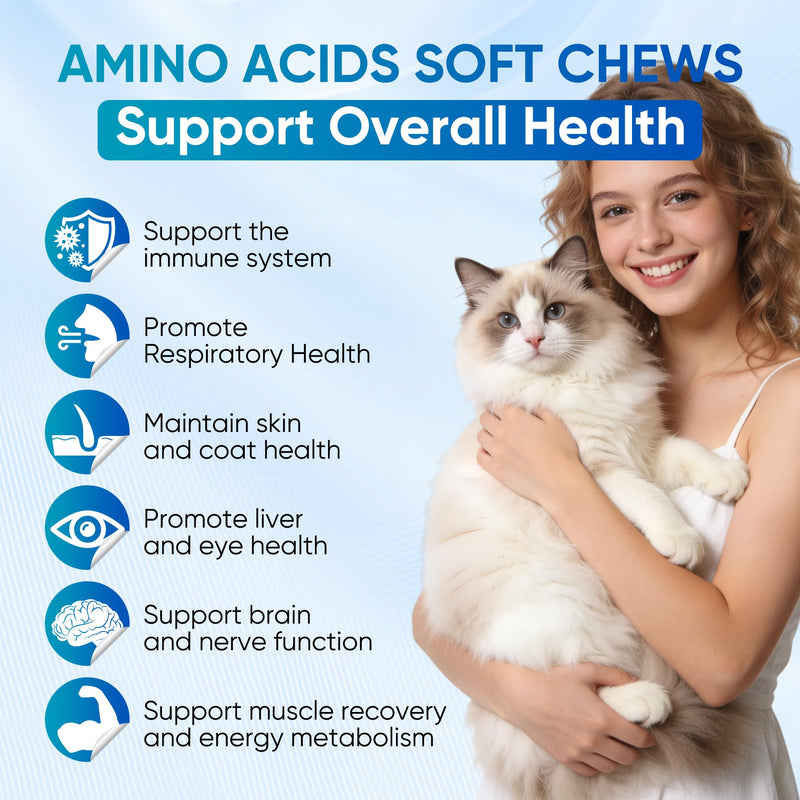 Cat Multivitamin Amino Acids Chews, Pet Vitamins and Supplements Contains Lysine, DL-Methionine and Taurine, Supports Immune and Liver Health, Improves Skin Condition, Maintains Eye Function