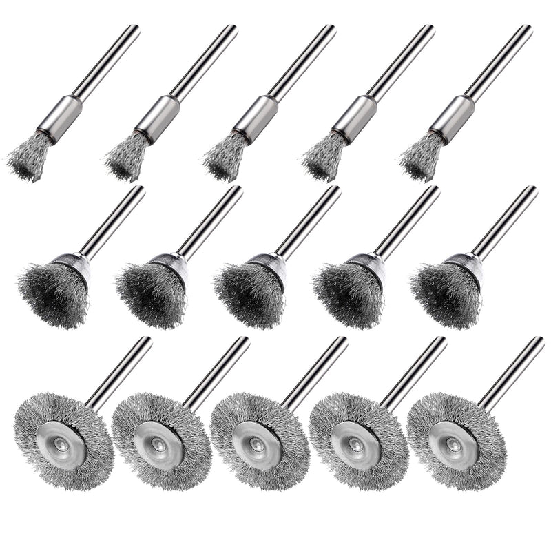 15 Pieces Stainless Steel Wire Brushes, Wire Brush Wheel, Steel Wire Polishing Wheel Kits for Dremel Rotary Tools (1/8 Inch Mandrel)