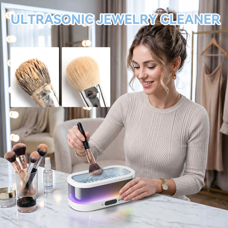 Ultrasonic Jewelry Cleaner with RGB Ambient Light, 48KHz Ultrasonic Cleaner for Jewelry, Glasses, Retainers, Dentures, Rings & Watches, 350ML SUS304 Stainless Steel Cleaning Machine, White