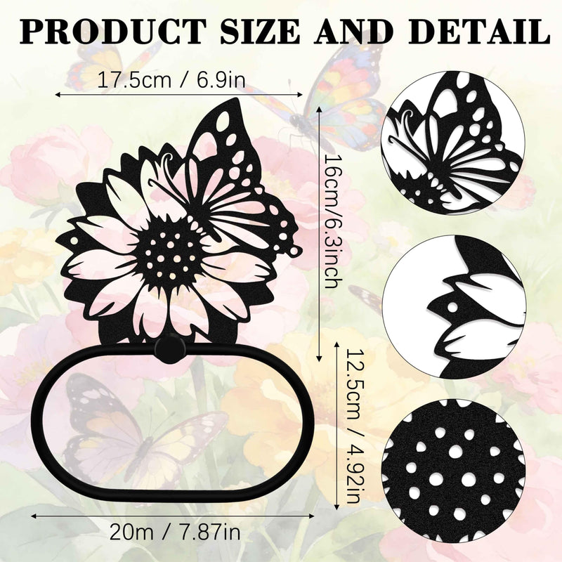 Black Metal Sunflower & Butterfly Wall Mounted Towel Ring, Floral Design Decor Accessories, Artistic Plant Towel Holder Decorative Gift for Kitchen Home Restroom Office Hotel Laundry Room