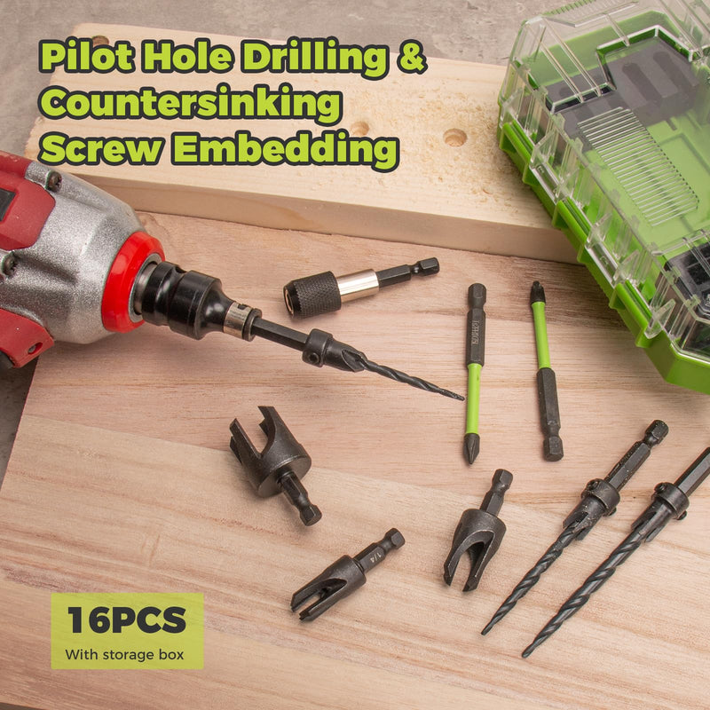 Countersink Drill Bit Set, 16PCS M2 Cobalt HSS Woodworking Tool Set, Adjustable Depth Tapered Drill Bits with 4 Wood Plug Cutters & 1/4" Hex Shank, Counter Sink Drill Bit for Wood