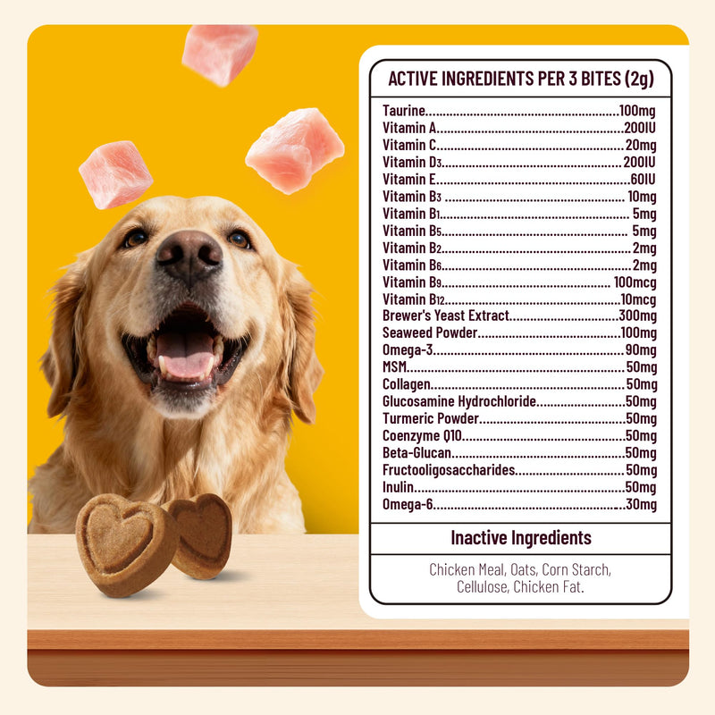 300 Bites Vitamins Supplements and Taurine for Dogs with CoQ10, Glucosamine,Omega 3, MSM - Dog Multivitamins for Heart Health, Immunity Support, Antioxidant Protection 7.76oz