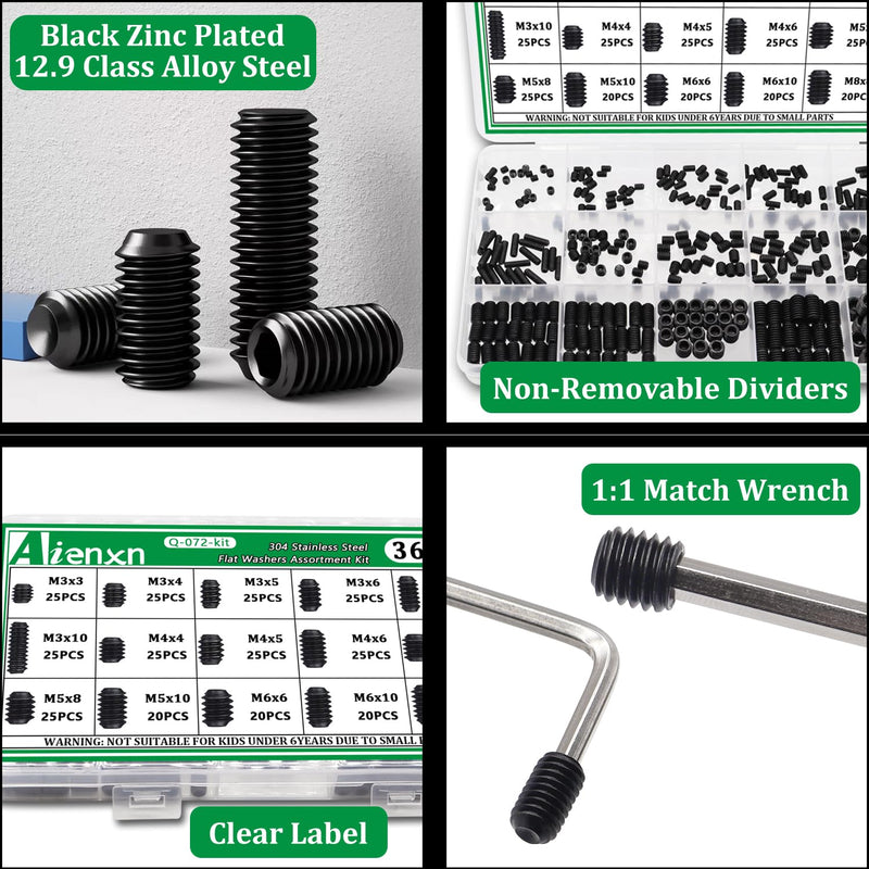 360PCS 15 Metric Sizes Set Screw Assortment Kit, Hex Socket Head Cup Point Set Screws 12.9 Class Alloy Steel Grub Screw, Internal Hex Drive Cup-Point Screw (M3-M8) Black 360PCS