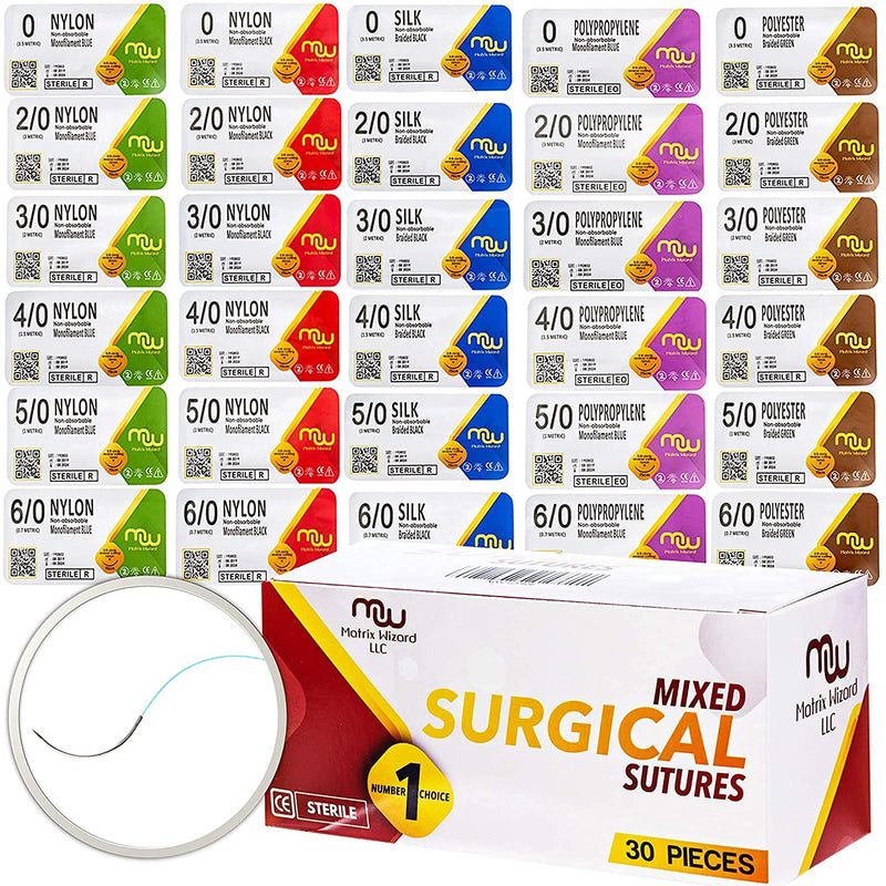 Suture Thread with Needle 30Pk (Mixed 0, 2-0, 3-0, 4-0, 5-0, 6-0) - Practice Suturing; Camping Survival Demo, Military Tactical Drill, Hospital Clinic Rotation, First Aid Travel Safety, Veterinary Use