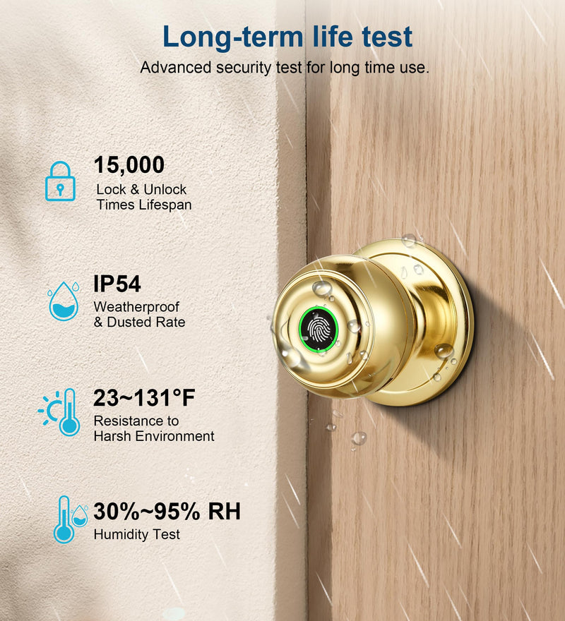 Fingerprint Door Lock, Smart Fingerprint Door Knob with Lock, Biometric Door Lock with App Control & Key, Keyless Thumbprint Entry Door Lock for Bedroom, Front Door, Home, Apartment Office-Satin Brass
