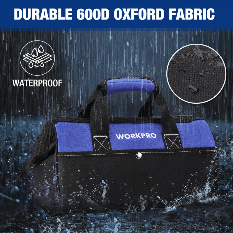 WORKPRO 13-inch Tool Bag, Wide Mouth Tool Tote Bag with Inside Pockets for Tool Storage Blue