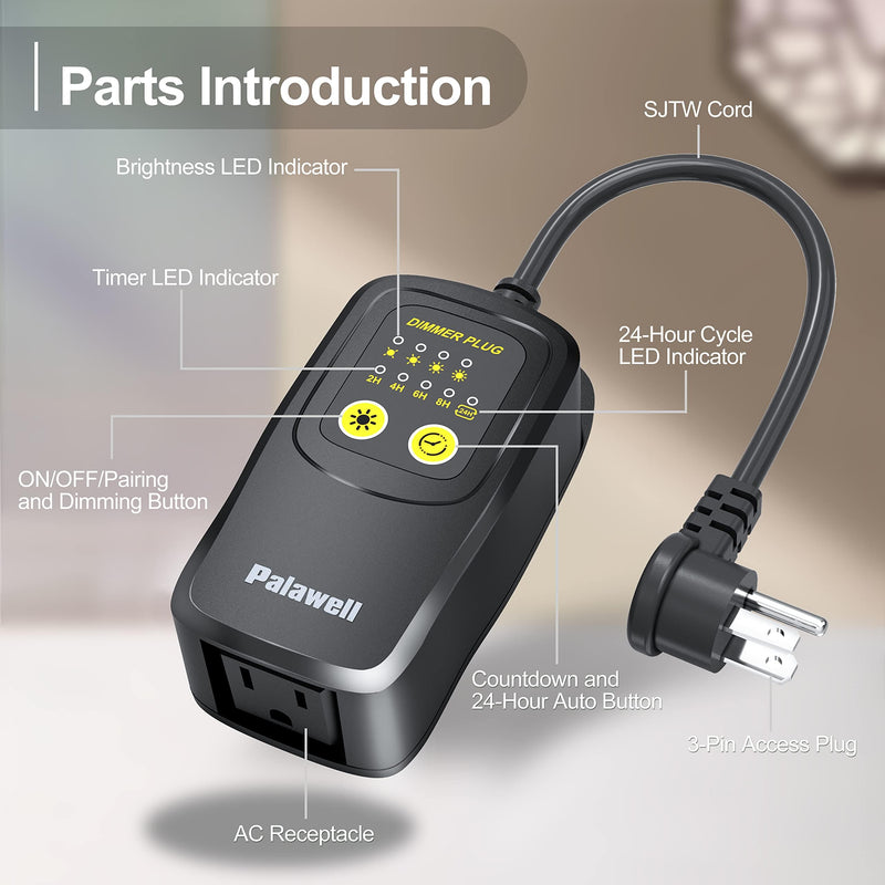 Outdoor Dimmer for String Lights, 560W Outdoor Dimmer Plug with Timer, IP65 Weatherproof Plug-in Dimmer Switch, 100FT Wireless Remote Control Dimmer for Led Lights or Lamp Patio, Christmas Lights Black T5