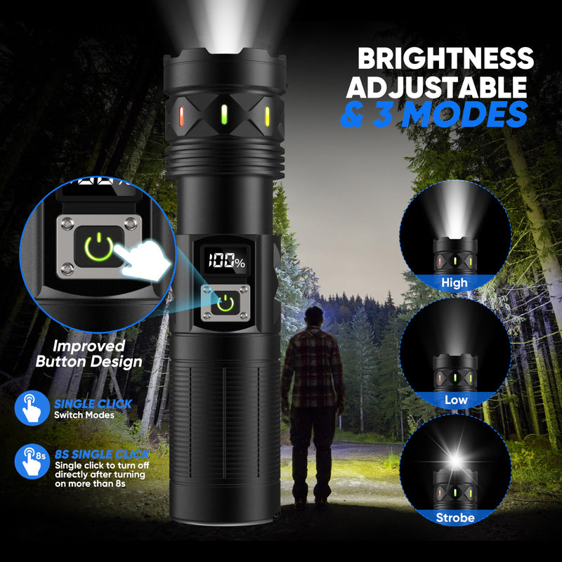 Flashlights High Lumens 100000 Rechargeable, Super Bright 50W LED, Long Running 15 Hours, USB C Input & USB Output, Zoomable 3 Modes, Powerful Strong Flash Light for Home Hiking Camping
