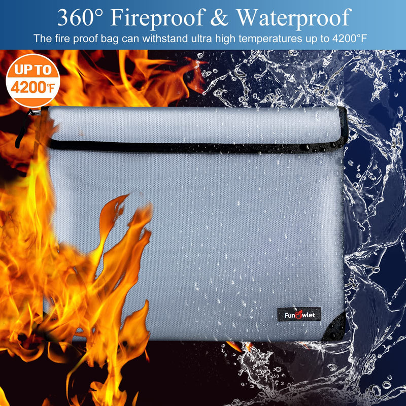 Fireproof Waterproof Money Document Bag - with 4200°F Heat Insulated Safe Storage Pouch with Zipper Upgraded 8 Layers of Functional Material for Valuables (13.9"x10.6" Gray) 13.9"x10.6"