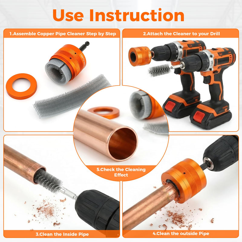 1/2" & 3/4" &1"Copper Pipe Cleaner Set for Drill with 1/4" Hex Shank & 6 Pipe Cleaning Brushes & 6 Exchange Blades&& 1 Rod 3 Copper Metal Pipe Cleaner Kit Plumbing Tools for Rust Stains Paint 1/2" + 3/4"+1"