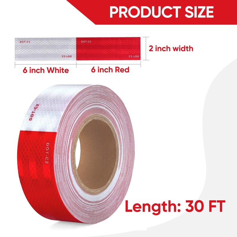 UIOCSSC DOT-C2 Reflective Tape 2 Inch x 30 Feet Red White Conspicuity Safety Reflective Tape Outdoor Waterproof for Vehicles Trailers Boats Signs 2 IN x 30 FT