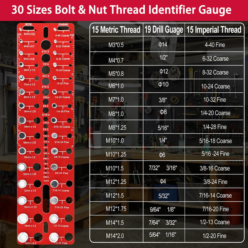 Thread Checker, 30 Nut and Bolt Thread Checker, Bolt Size and Thread Gauge, Bolt and Nut Identifier Gauge with 15 Standard & 15 Metric &19 Drill Bit Gauge,Screw Size Gauge
