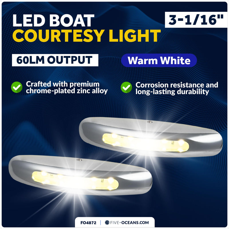 Five Oceans 3-Inch LED Boat Courtesy Light, Warm White, IP67 Waterproof, 12V - 2-Pack, Premium Chrome Plated Zinc Alloy, Marine Interior Lighting for Pontoon, Boat, RV - FO4872 Warm White LED