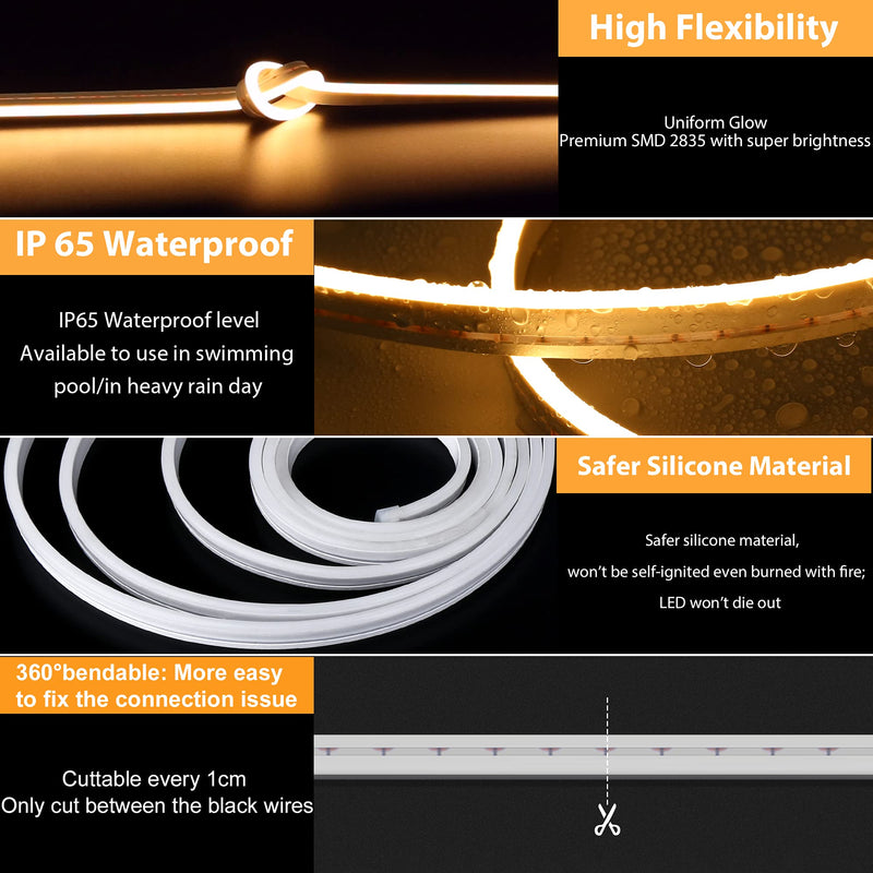 Lamomo LED Neon Rope Lights, 16.4ft/5m Warm White Neon Light Strip,12V Flexible Waterproof LED Strip, Silicone Neon Lights for Kitchen Bedroom Indoor Outdoor Decoration（Power Adapter not Included） 6mmx12mm
