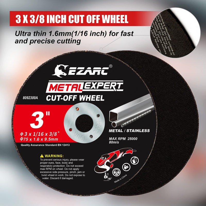 EZARC Cut Off Wheels 25 Pack, 3” x 1/16” x 3/8” Cutting Wheel, Metal & Stainless Steel Cutting Disc for Die Grinder 3 x 3/8 Inch 25.0