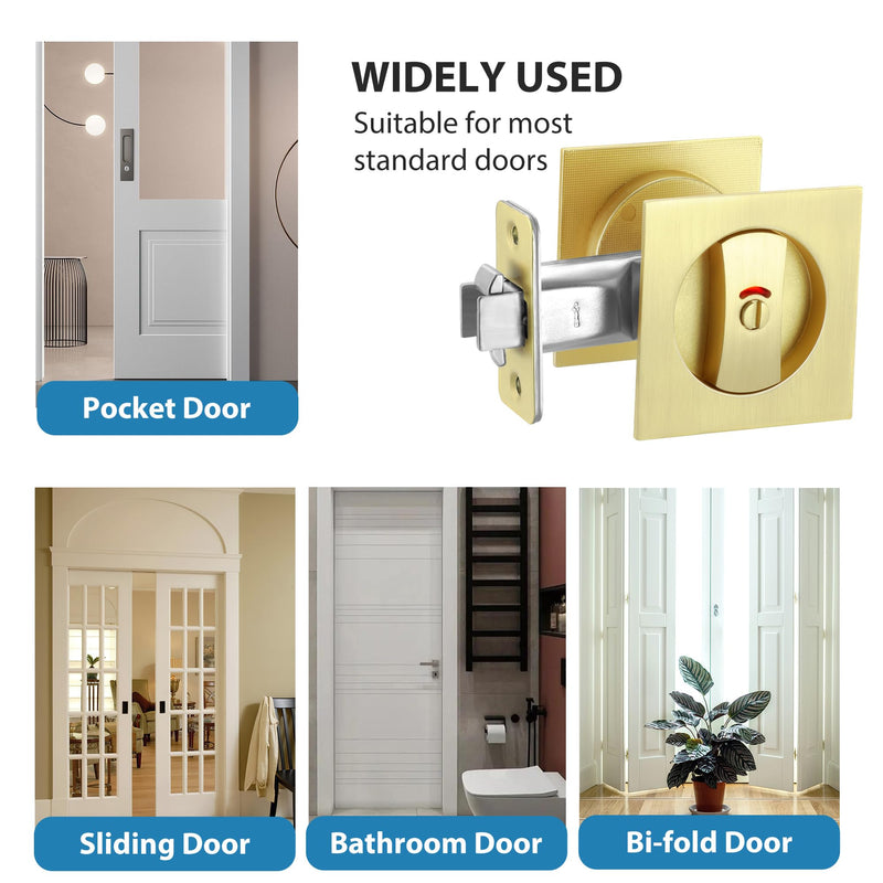 CozyTower Pocket Door Lock, Pocket Door Hardware Square Door Lock for Privacy Sliding Door Bifold Door Locks Pocket Door Pull Handles Replacement Hardware(Brushed Gold, Privacy Lock with Indicator) Brushed Gold