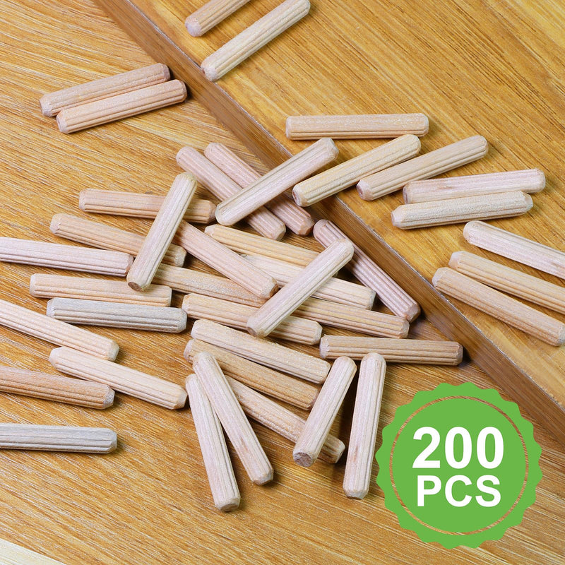 1/4" x 1-1/2" Wooden Dowel Pins, FoDau770 Fluted Wood Dowel Rods, Natural Beech Wood Dowel Pegs for Crafts, Woodworking, DIY Furniture - 200 Pieces 1/4" x 1-1/2"