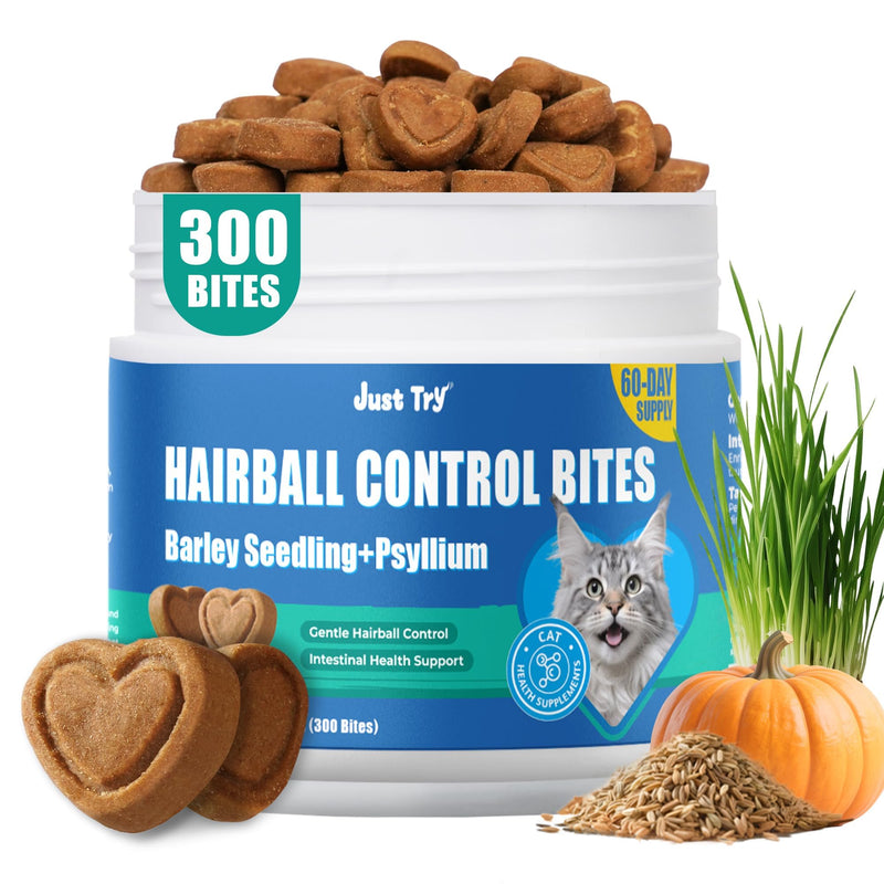 Just Try 300 Bites Hairball Control Cat Treats - Hairball Treatment & Relief for Cats - with Cat Grass, Pumpkin, & Omega-3 Fish Oil, Crunchy Chicken Flavor Crunchy Bites Hairball Support