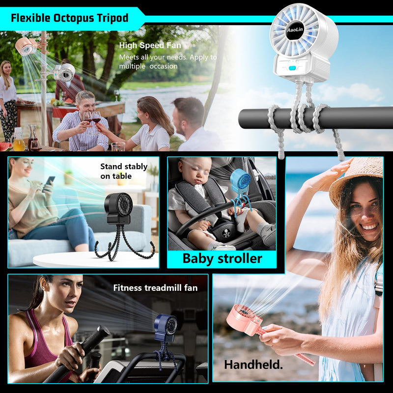 2 Pack Multifunctional Portable Stroller Fan 4 Speed 6600rpm High Speed Usb Rechargeable Personal Mini Handheld Fan Extended Tripod For Desktop Winding Kids Bed Treadmill Bike Golf Cart Outdoor Travel White-2p
