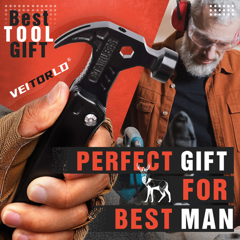 VEITORLD Gifts for Men Him Husband Valentine's Day, Cool Survival Tools Hammer Multitool, Unique Gifts for Husband from Wife, Anniversary Birthday Gift for Husband Wife Boyfriend, Camping Accessories Best Tool Gift (Black)
