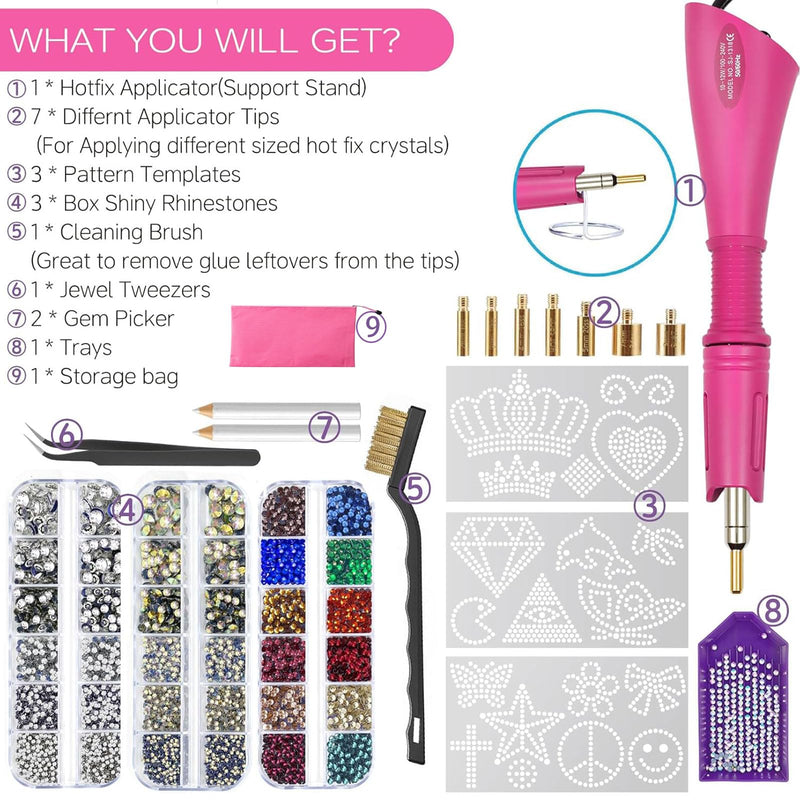 Hotfix Rhinestones Applicator Kit with 4500 Crystals (White, AB, Multi-Color) Includes 19 Pattern Templates, Tweezers, Brush & Storage Bag for Clothes, Fabric, Jeans (Pink)