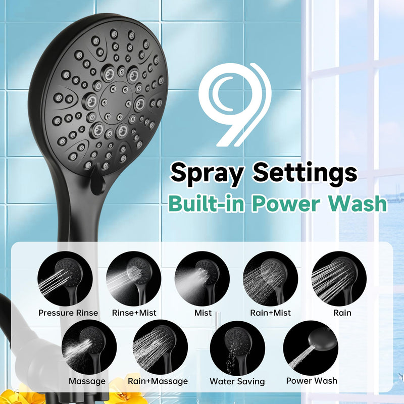 BRIGHT SHOWERS High Pressure Shower Head with Handheld, 9 Spray Settings Showerhead Built in Power Wash to Clean Tub and Pets, Extra Long 69" Hose, Adjustable Bracket, Matte Black 2.5 GPM | 9 Modes