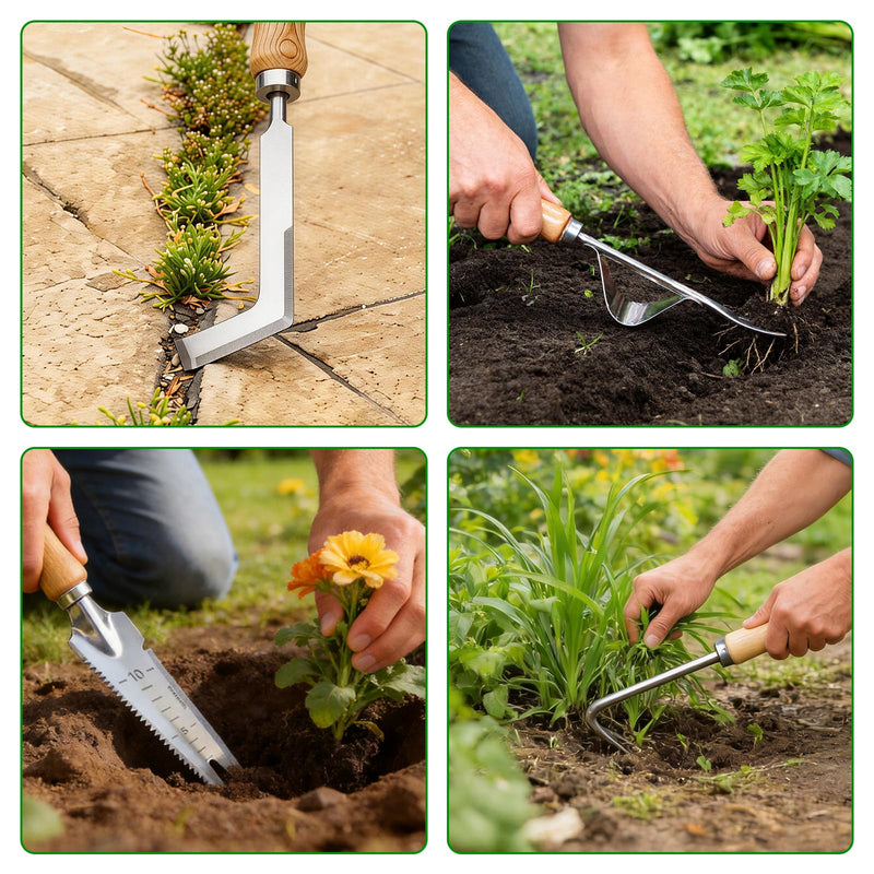 4PCS Garden Weeding Tool Set, Hand Weeder Tools with Wooden Handles, Double Claw Root Hook, V-Shape Weed Puller, Crack Weeder & Stainless Steel Garden Trowel for Digging, Planting & Weed Removal