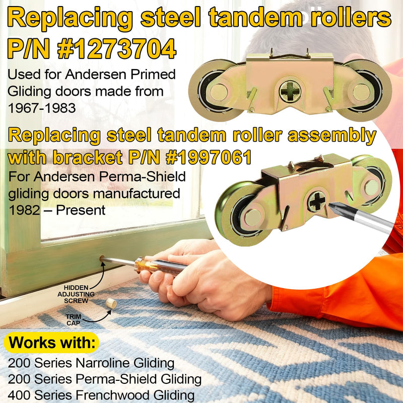 2 Pack Sliding Patio Door Tandem Roller Assembly Fits for Andersen 1997061 (1982 to P) & Replaces 1273704 (1964 to 1982), 1-1/4" Steel Ball Bearing Wheels, Side Adjustable